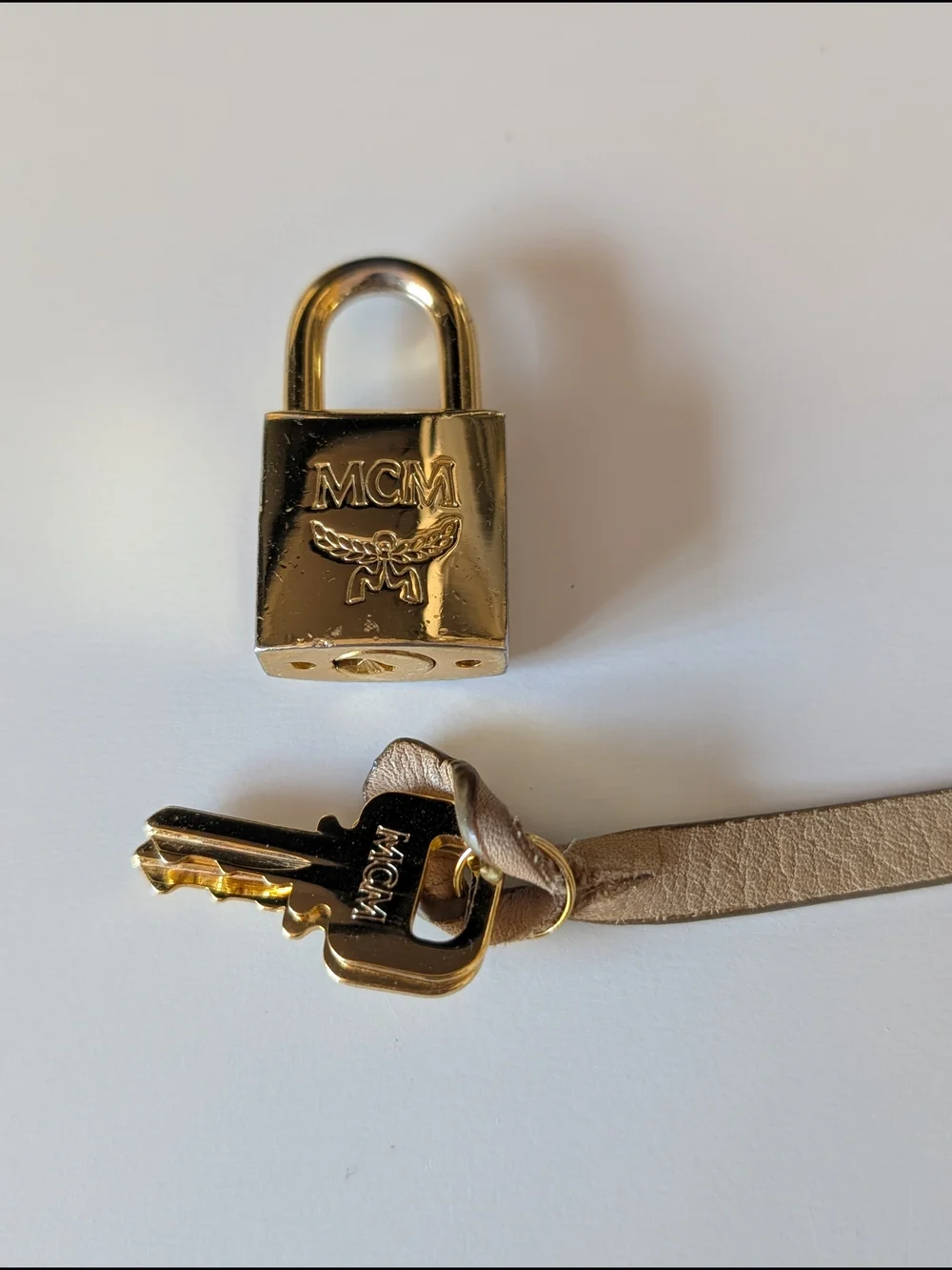 MCM Gold Padlock and Two Keys On Cream Leather Lanyard